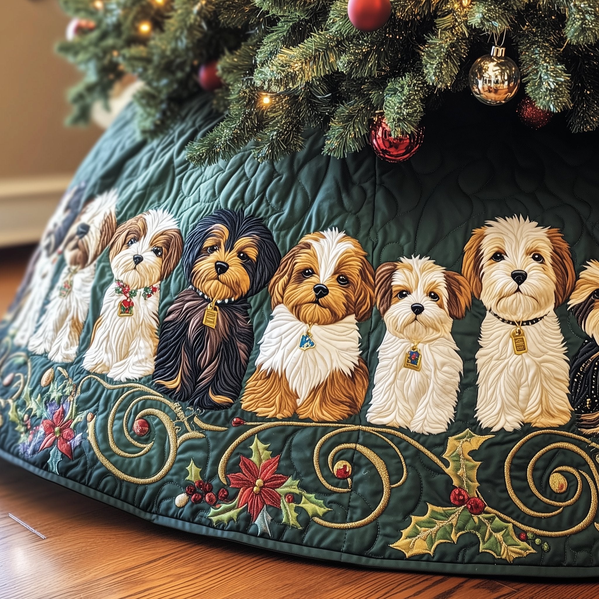 Yorkies and Maltese on Teal Scroll Christmas Tree Skirt