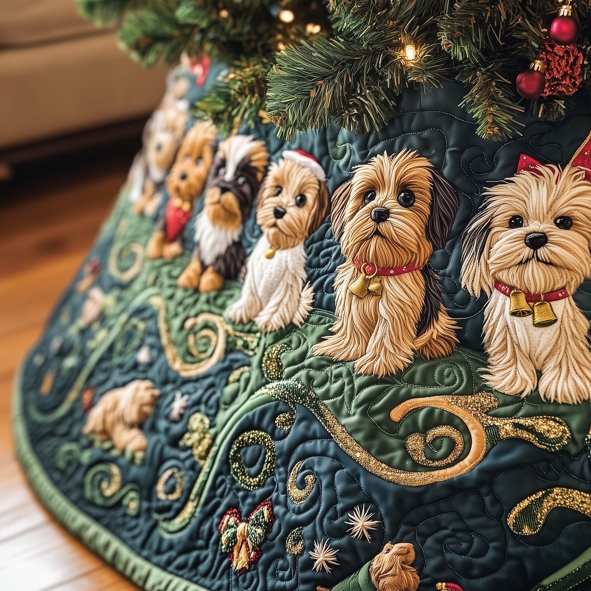 Yorkshire Terriers on Navy Gold Swirls Christmas Tree Skirt