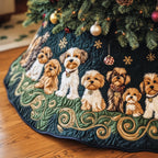Small Dogs on Dark Green Scrolls Christmas Tree Skirt