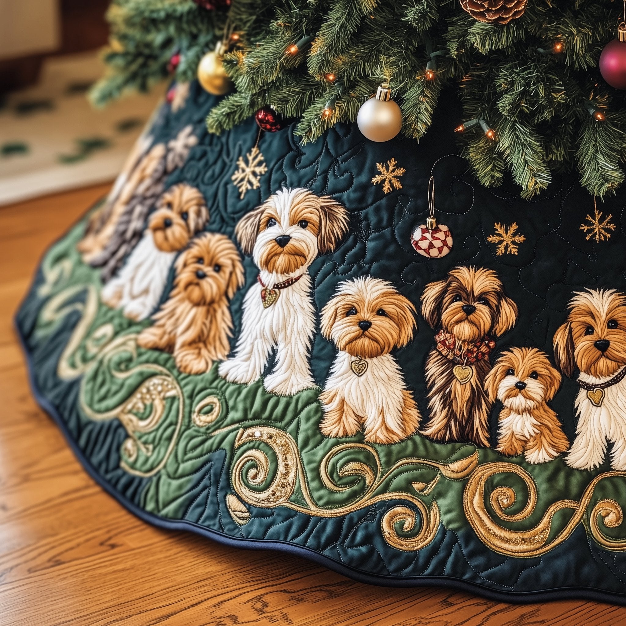 Small Dogs on Dark Green Scrolls Christmas Tree Skirt