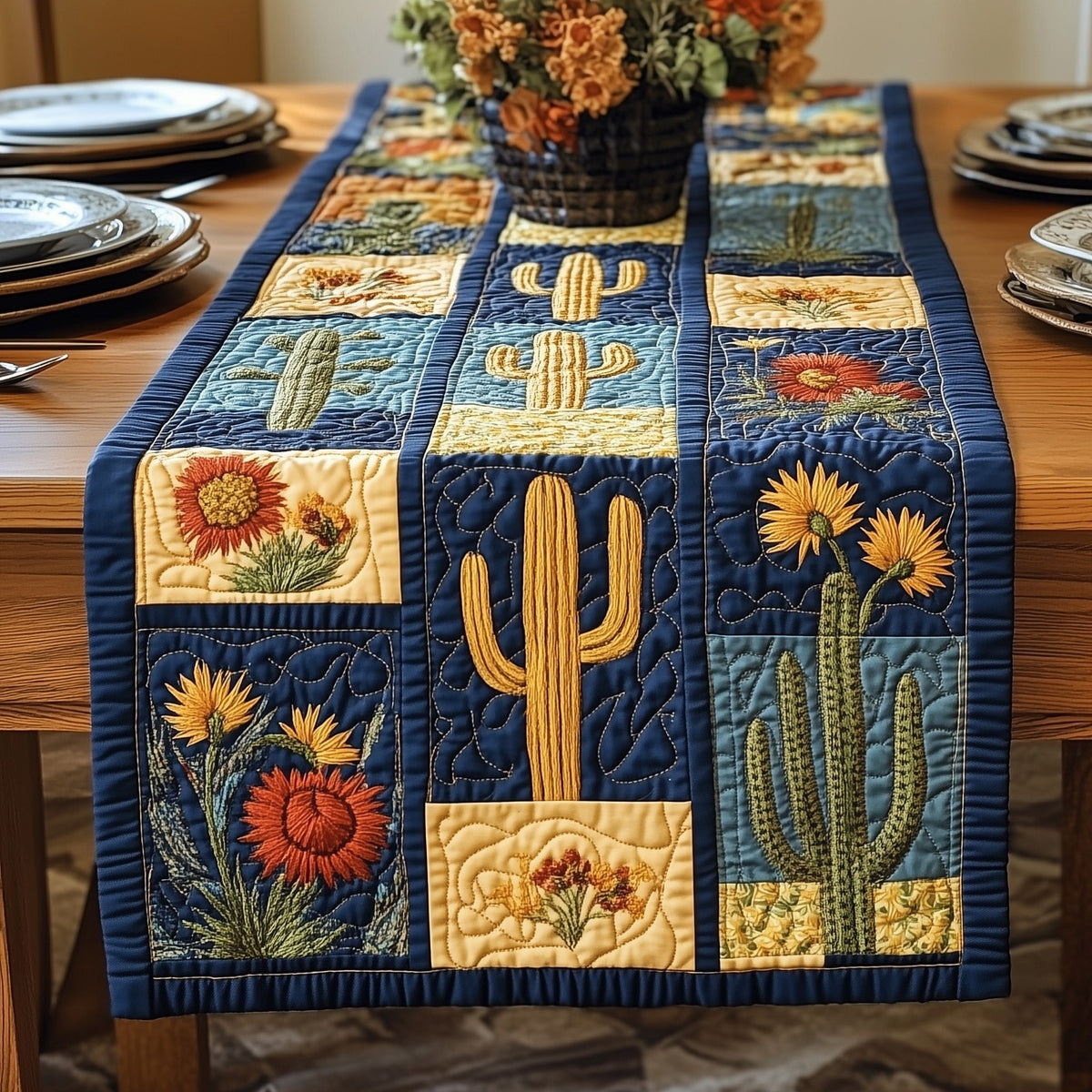 Cactus and Sunflower Squares on Navy Table Runner