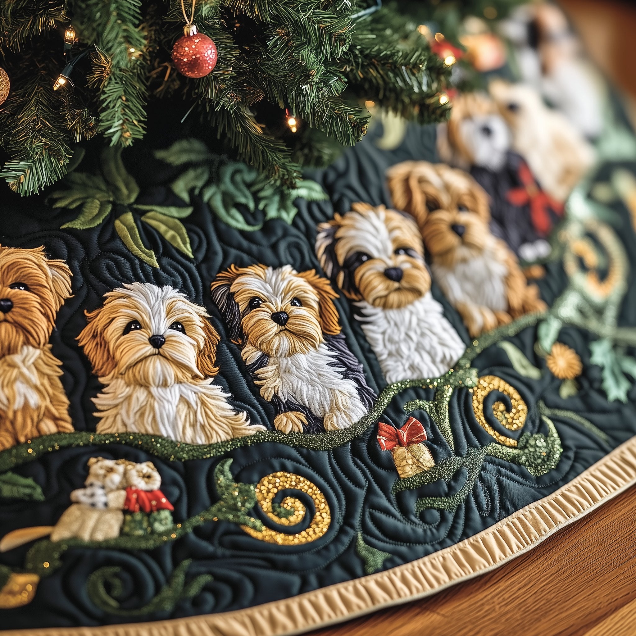 Shih Tzus with Gift Boxes on Navy Christmas Tree Skirt