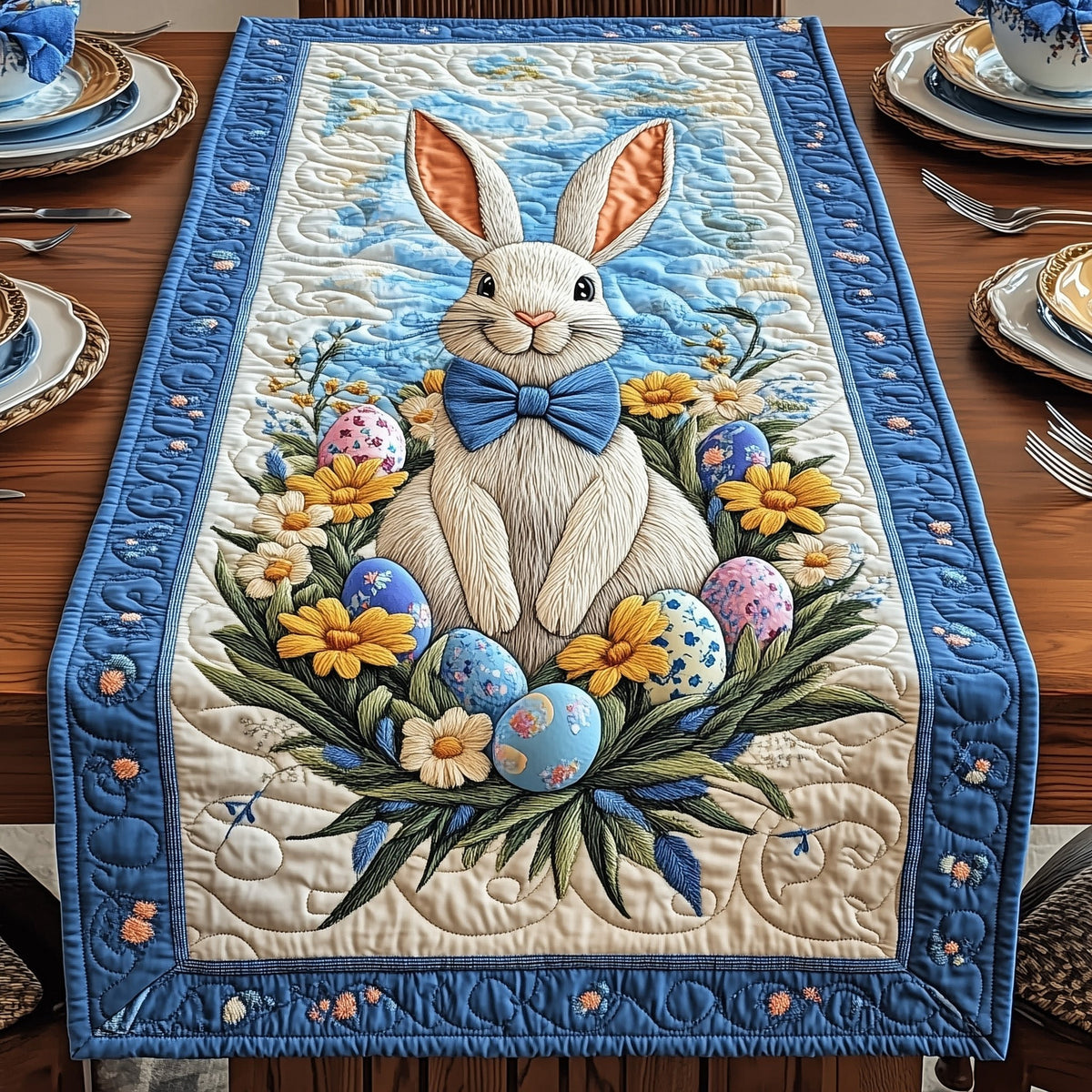 White Bunny with Blue Bow and Eggs Table Runner