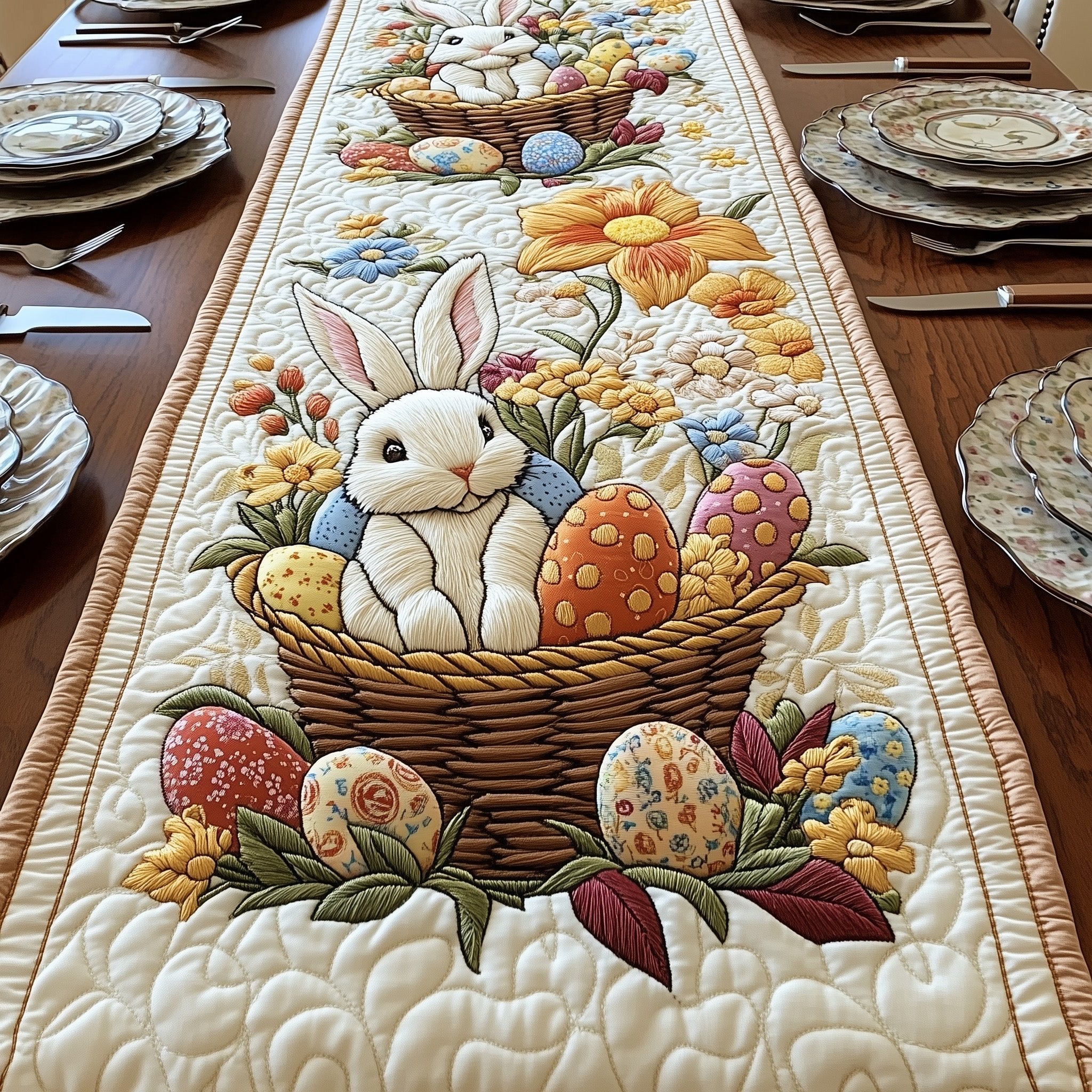 Bunny in an Egg Filled Basket Table Runner
