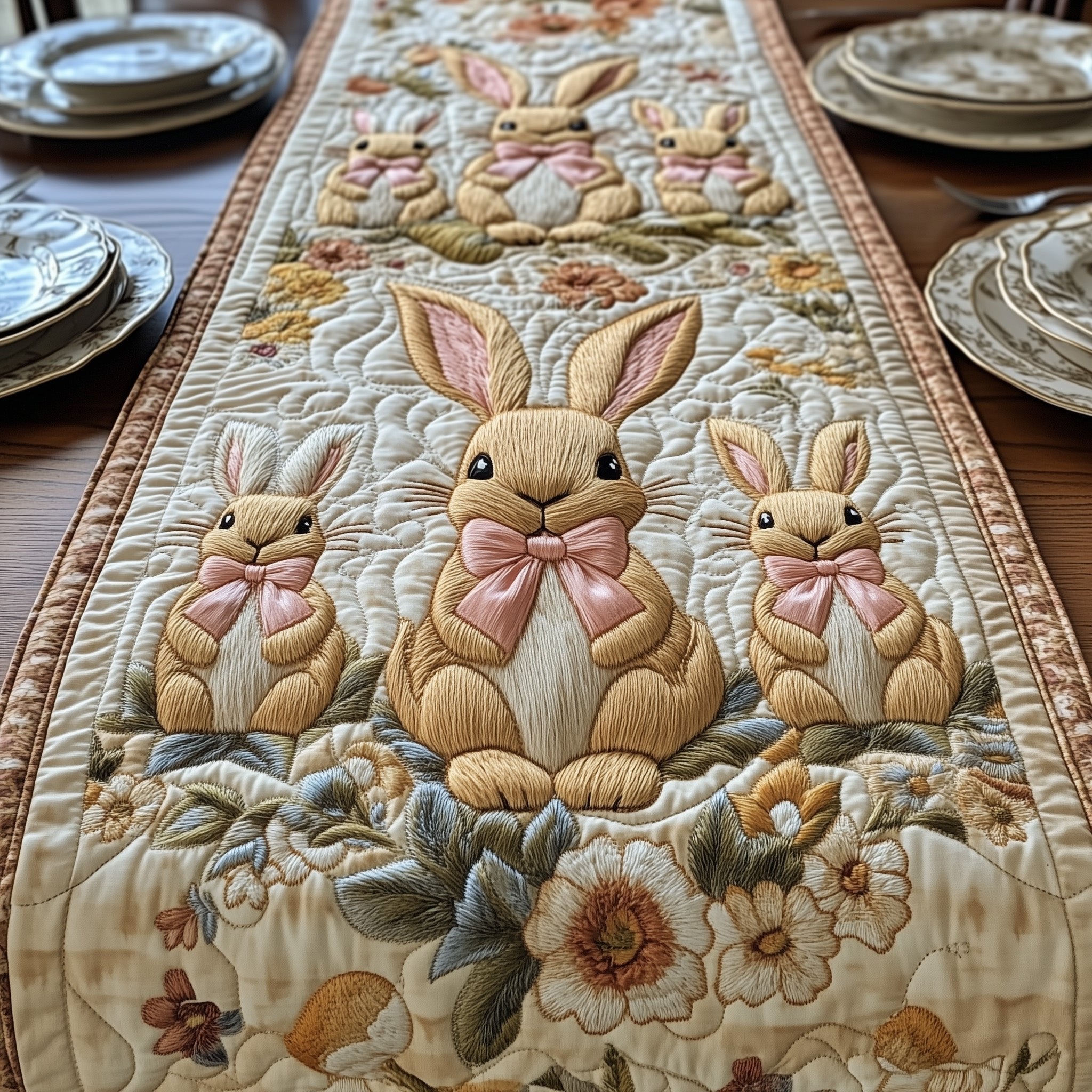 Three Bunnies with Pink Bows Table Runner
