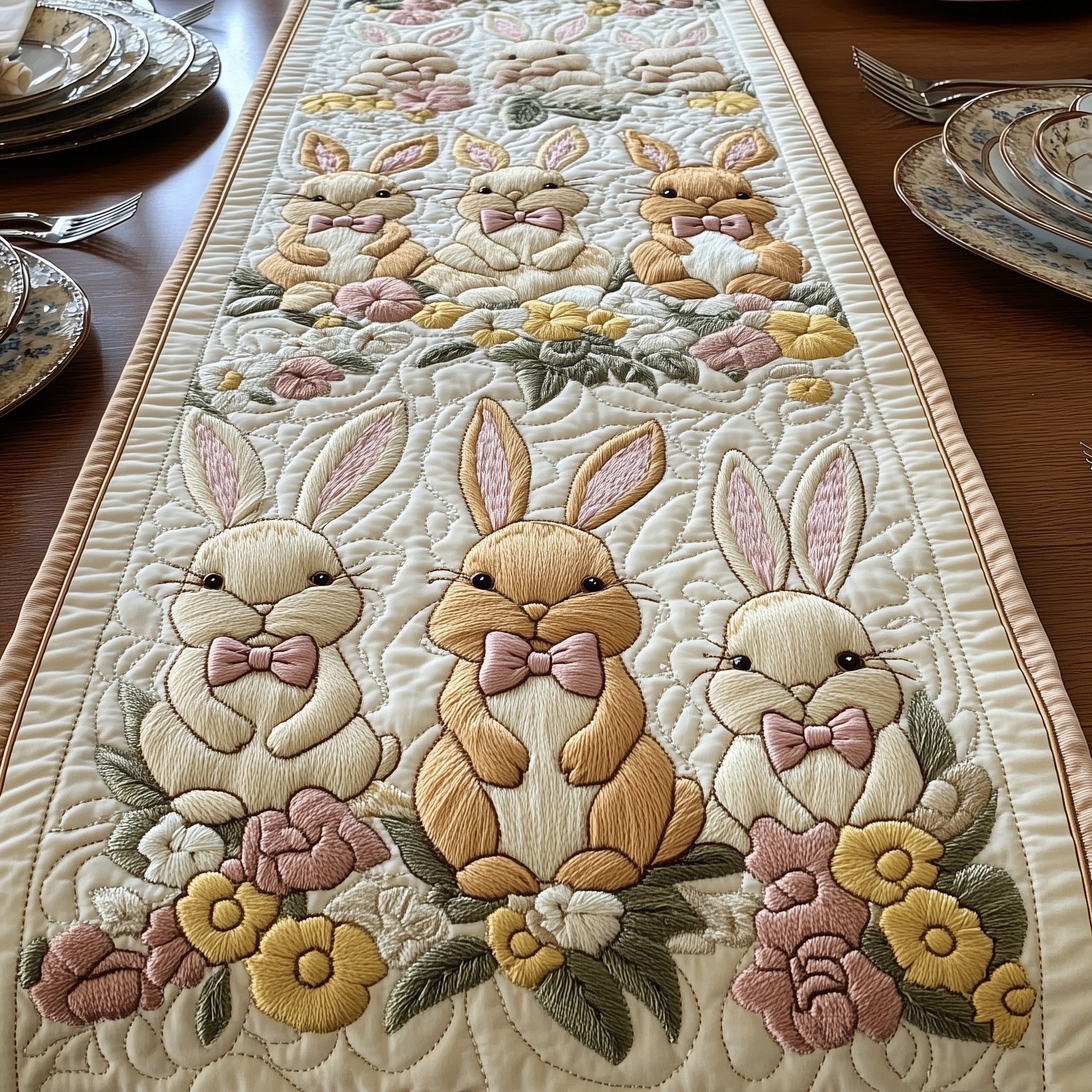 Three Tan Bunnies with Spring Flowers Table Runner