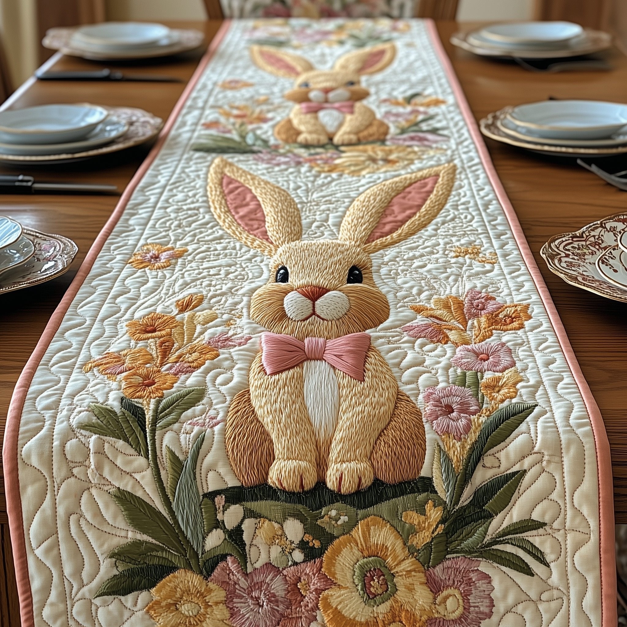 Tan Bunny with a Pink Bow Table Runner