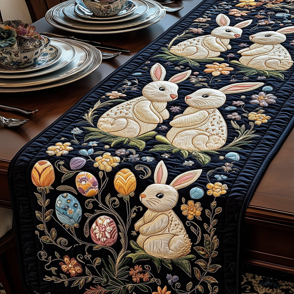 Bunnies with Eggs on Black Table Runner