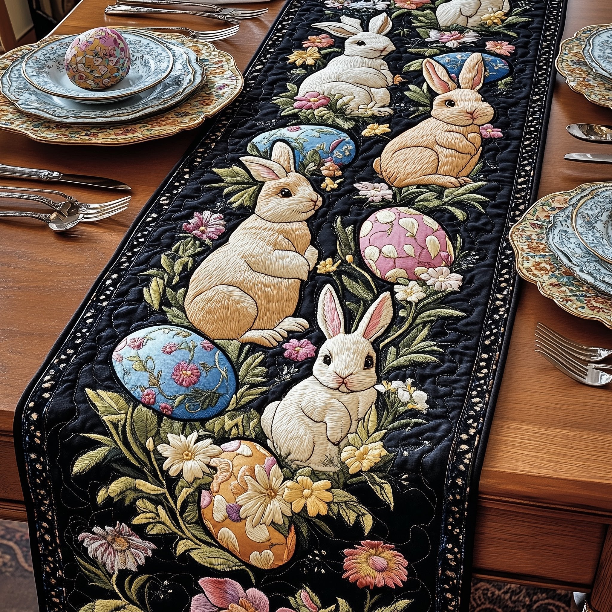 Bunnies and Eggs on Black Floral Table Runner