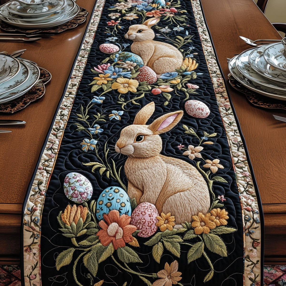 Bunny with Eggs on Dark Floral Table Runner