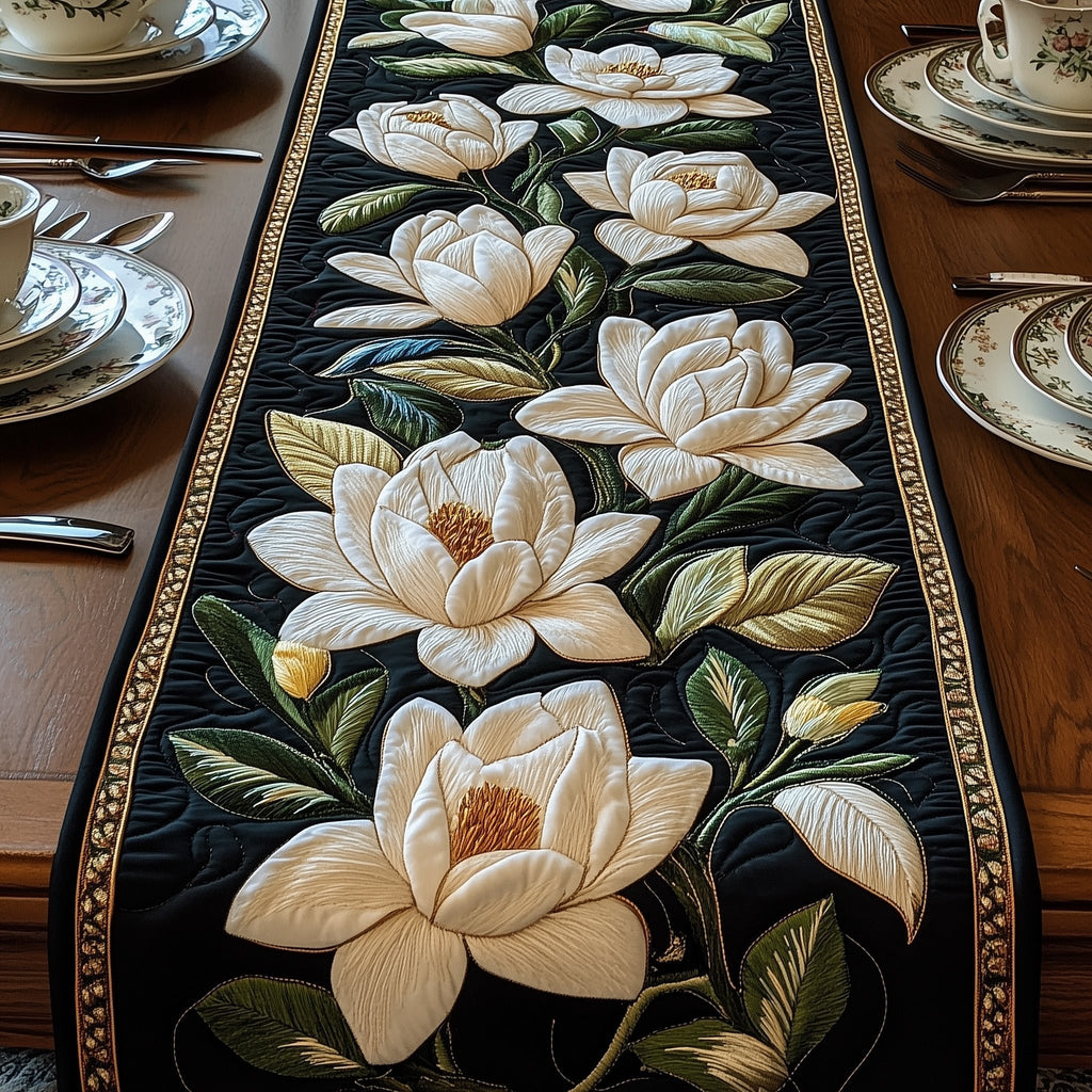 White Magnolia on Dark Green Table Runner