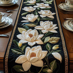 White Magnolia on Dark Green Table Runner