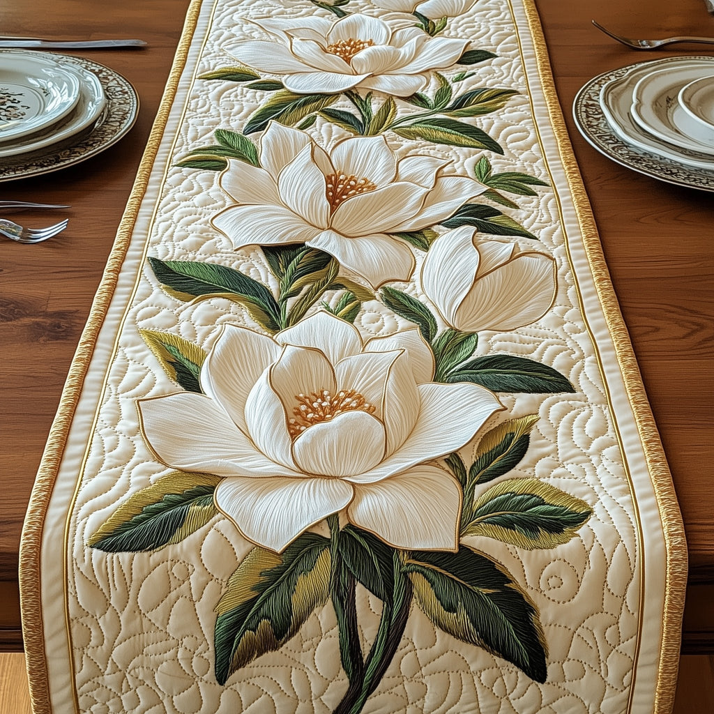 White Magnolia on Cream Quilt Table Runner