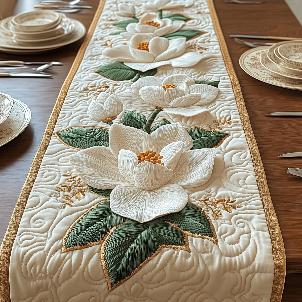 Magnolia Blossoms with Green Leaves Table Runner