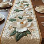 Magnolia Blossoms with Green Leaves Table Runner