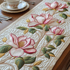 Pink Magnolia Blossoms on Ivory Table Runner