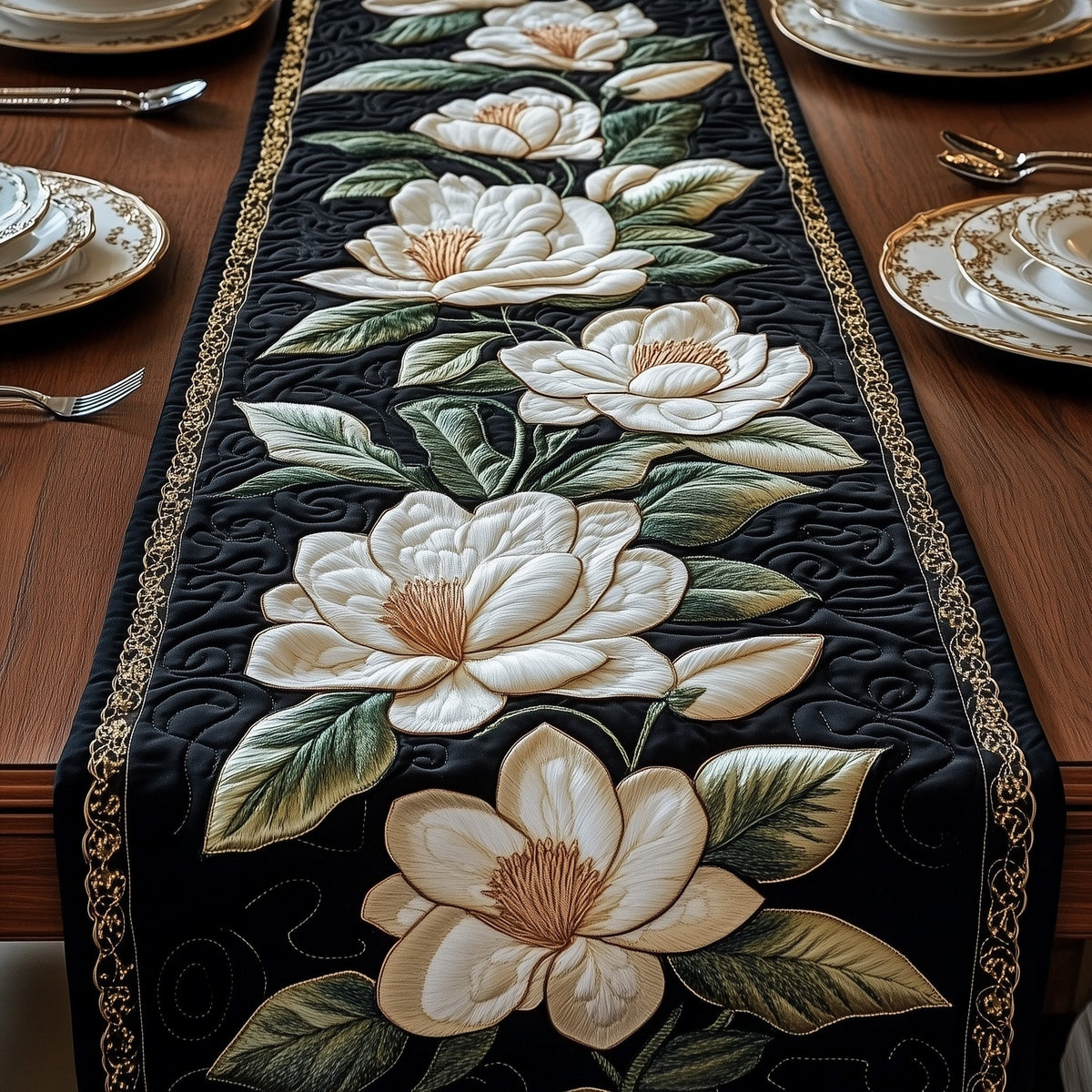 White Magnolia on Black Ground Table Runner