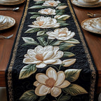 White Magnolia on Black Ground Table Runner