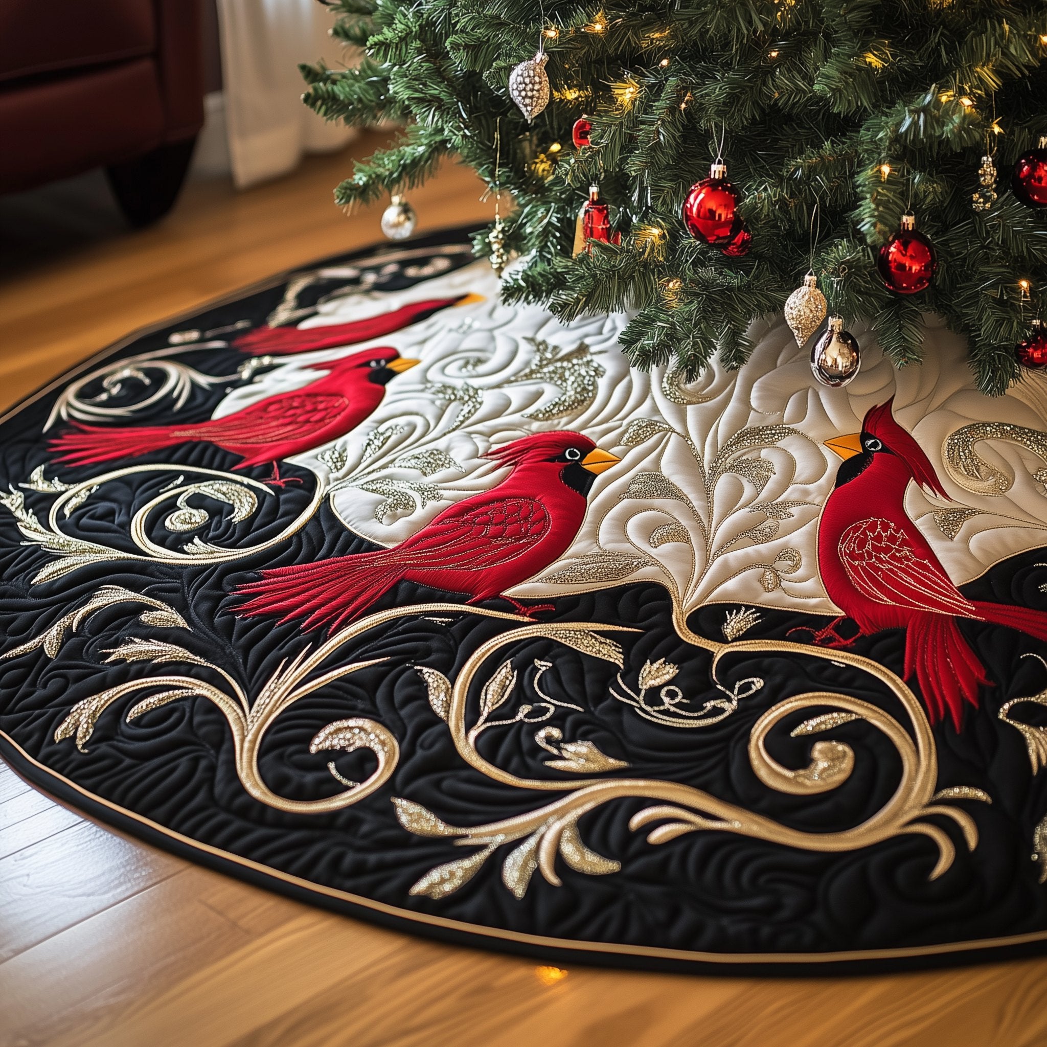 Cardinals on Black with Gold Scrolls Christmas Tree Skirt