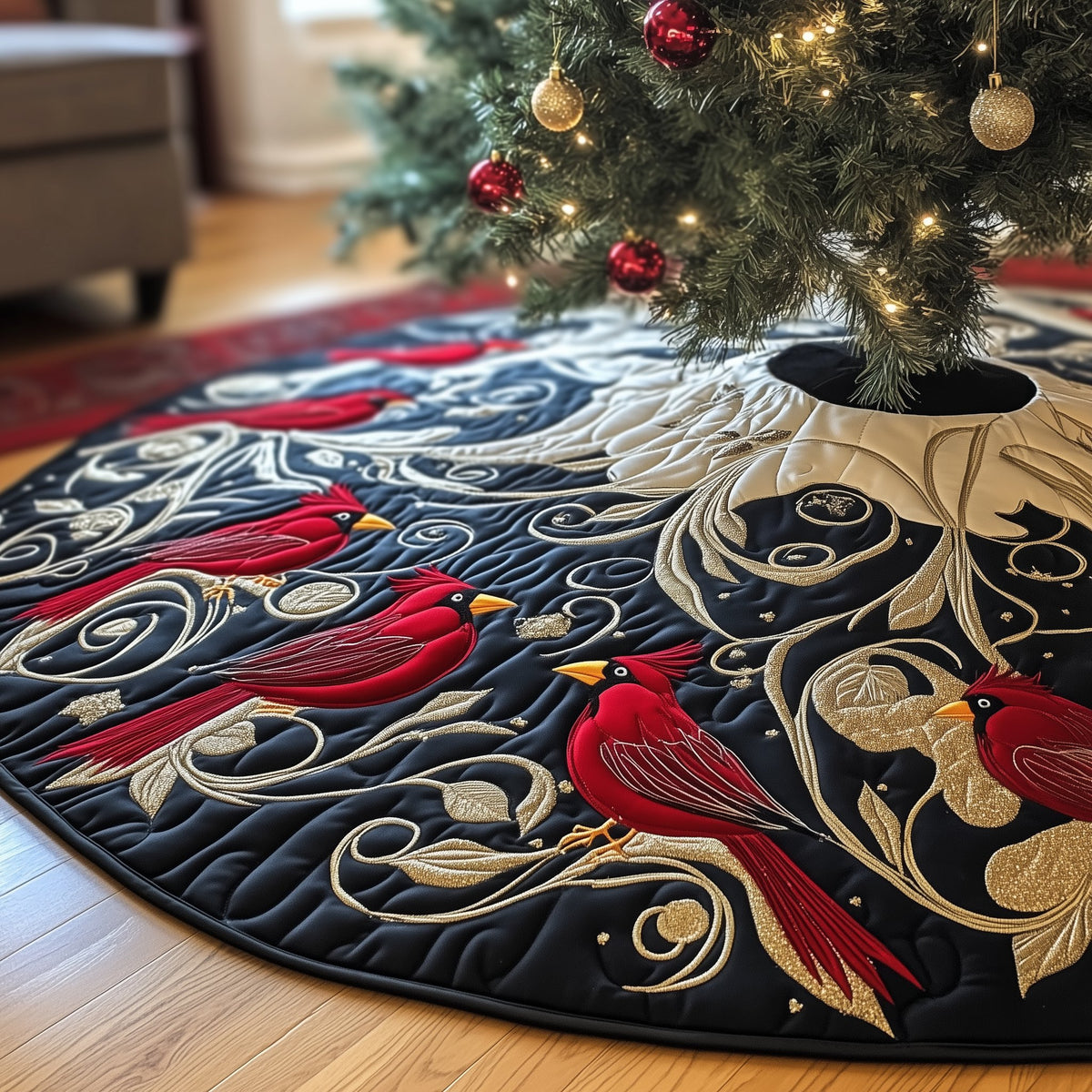 Cardinals on Black and White Swirls Christmas Tree Skirt