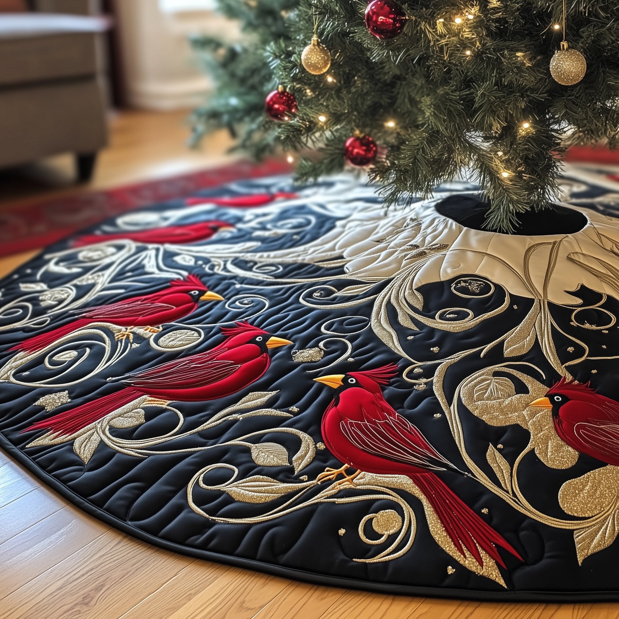 Cardinals on Black and White Swirls Christmas Tree Skirt