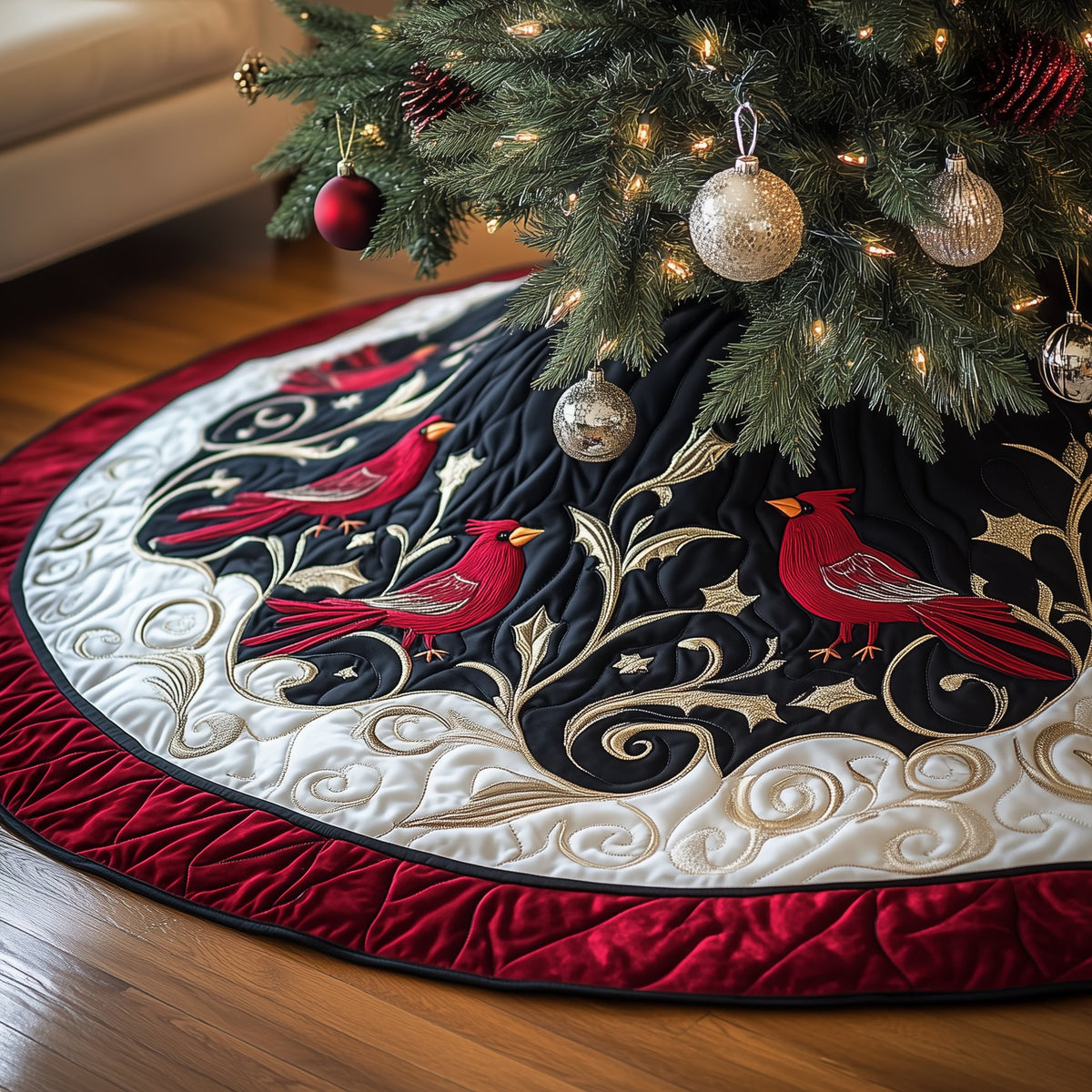 Cardinals on Black with Crimson Rim Christmas Tree Skirt