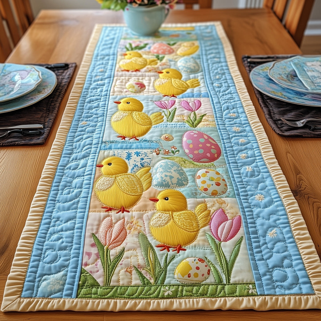 Easter Chicks with Pastel Eggs Table Runner