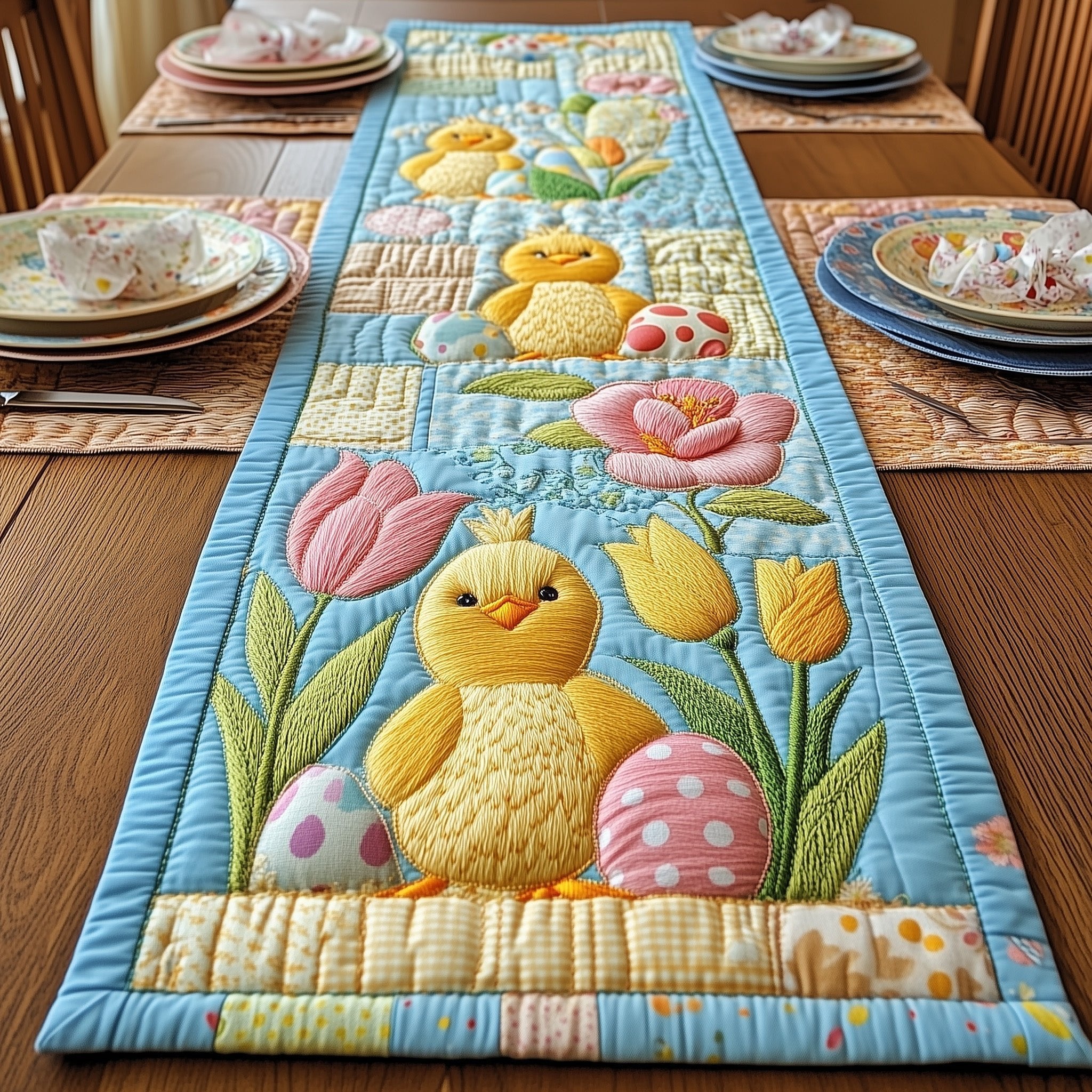 Yellow Chick with Eggs and Tulips Table Runner