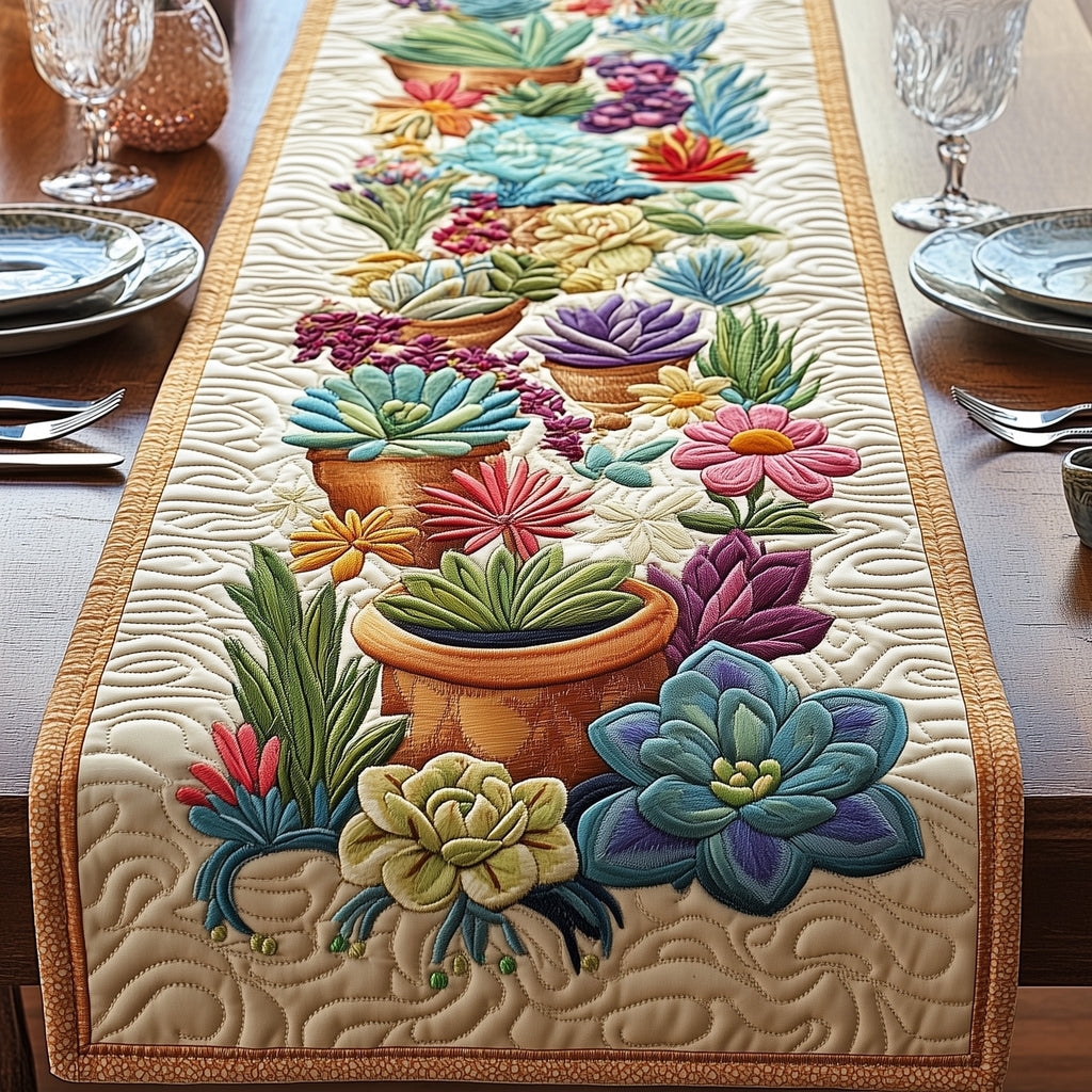 Potted Succulents on Ivory Table Runner