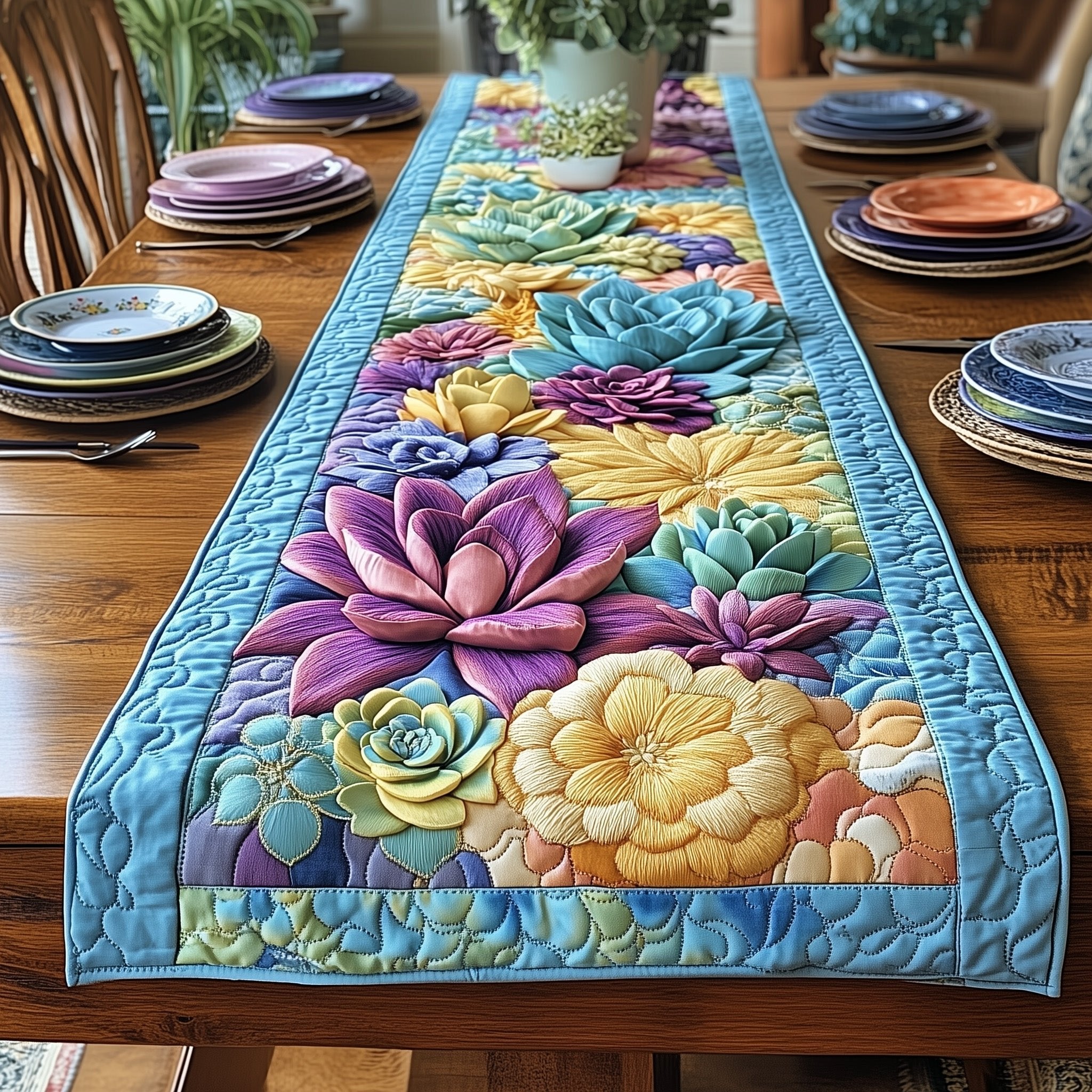 Purple Succulents on Blue Table Runner