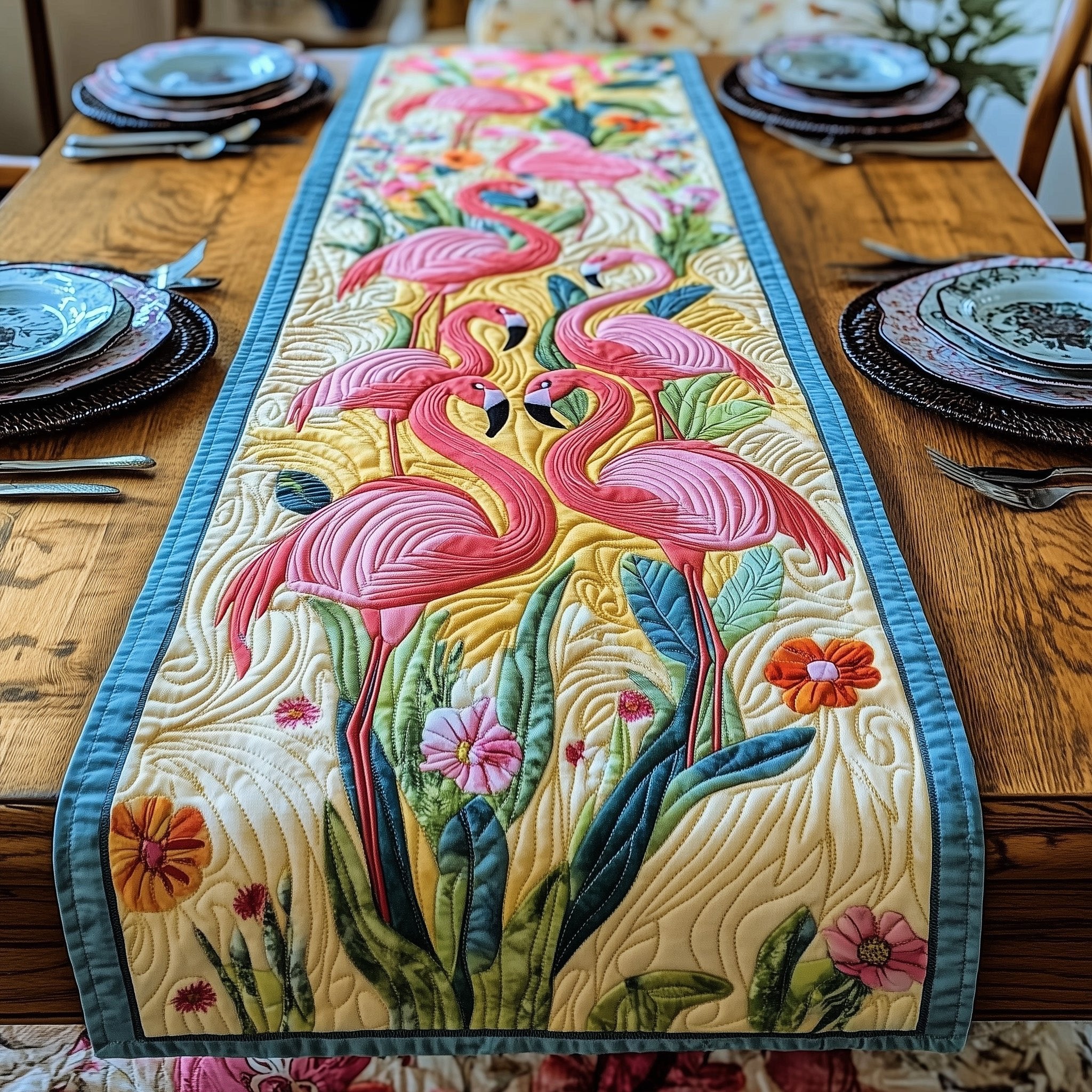 Flamingo Pair Among Green Reeds Table Runner
