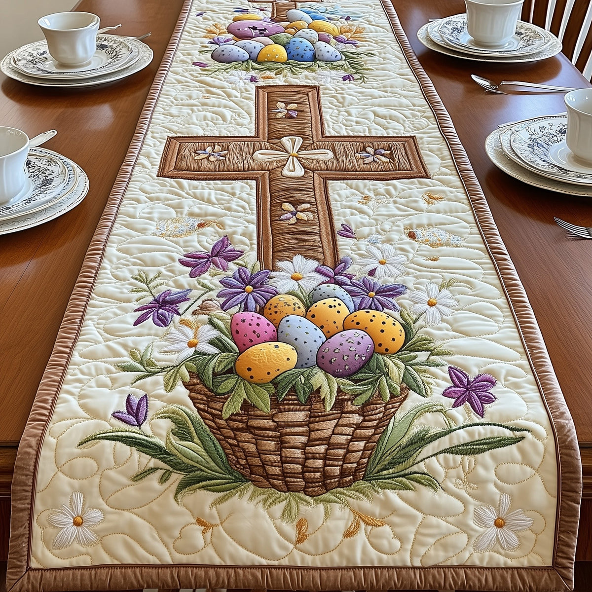 Easter Basket Beneath Wooden Cross Table Runner