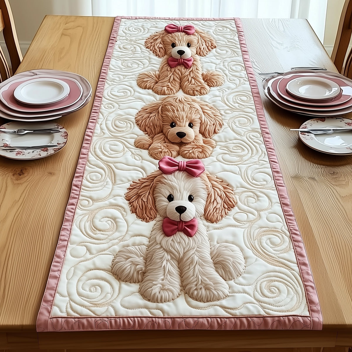 Cream Poodle with Pink Bow Table Runner