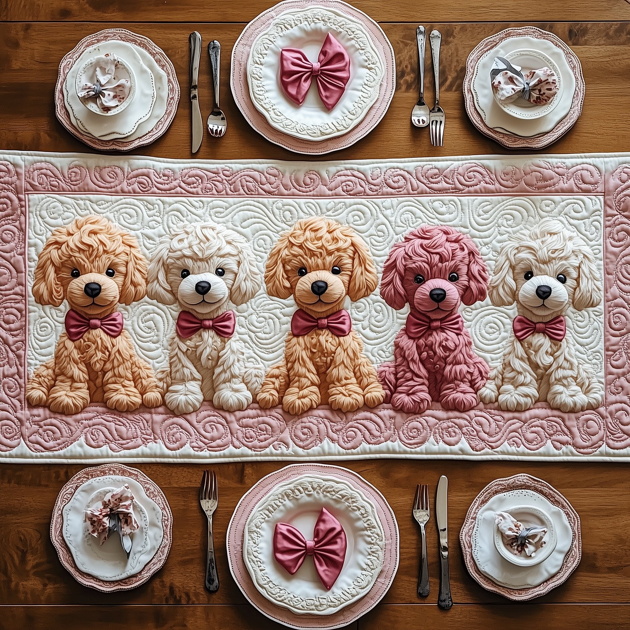 Row of Poodles in Pink Table Runner