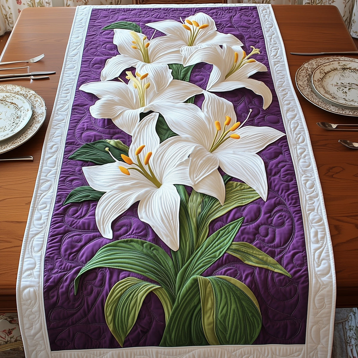 White Lilies on Purple Panel Table Runner