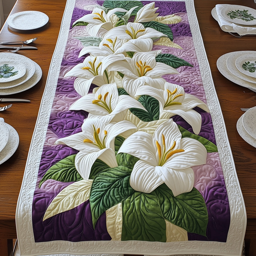 White Lilies with Purple Border Table Runner