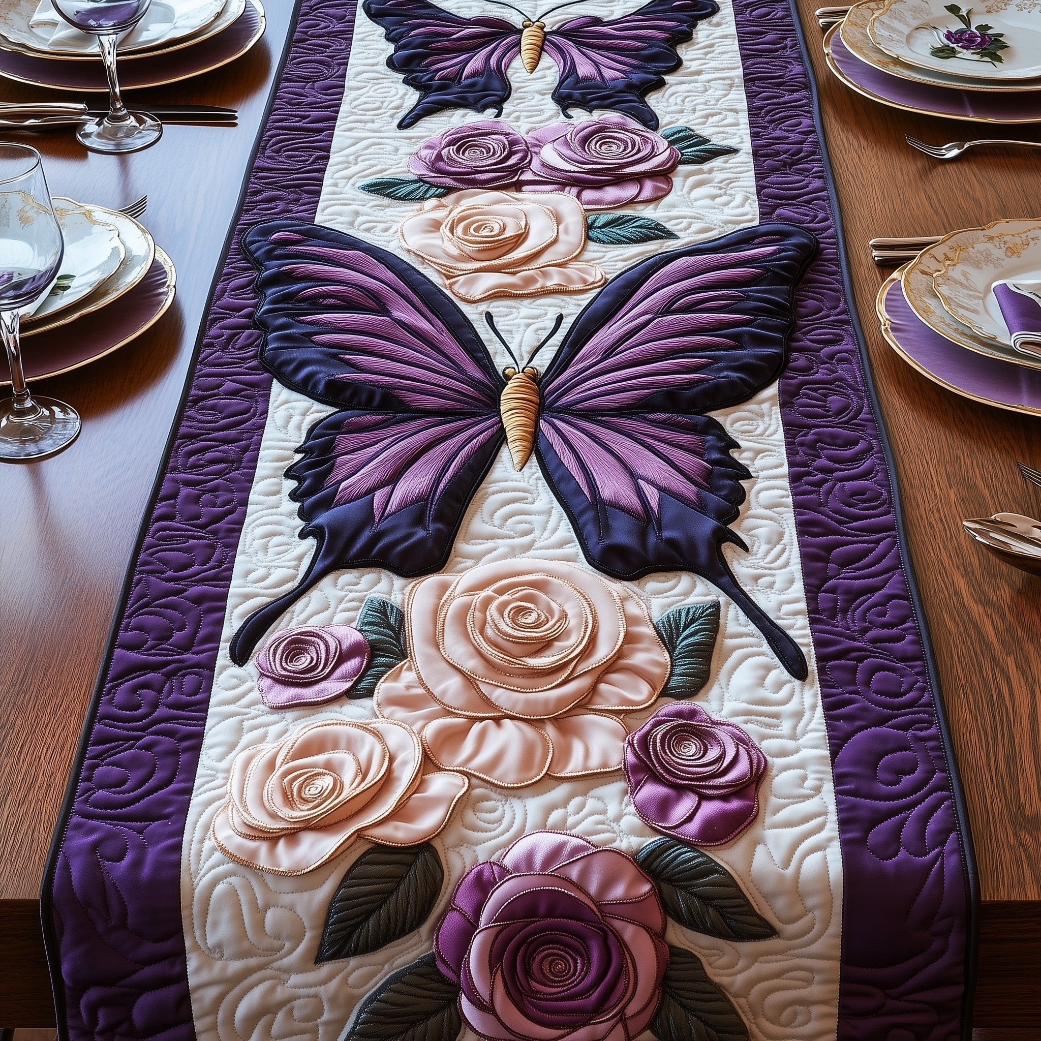 Purple Butterfly Above Cream Roses Table Runner