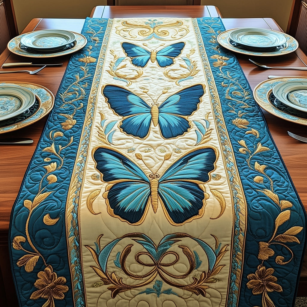 Teal Butterfly on Cream and Gold Table Runner