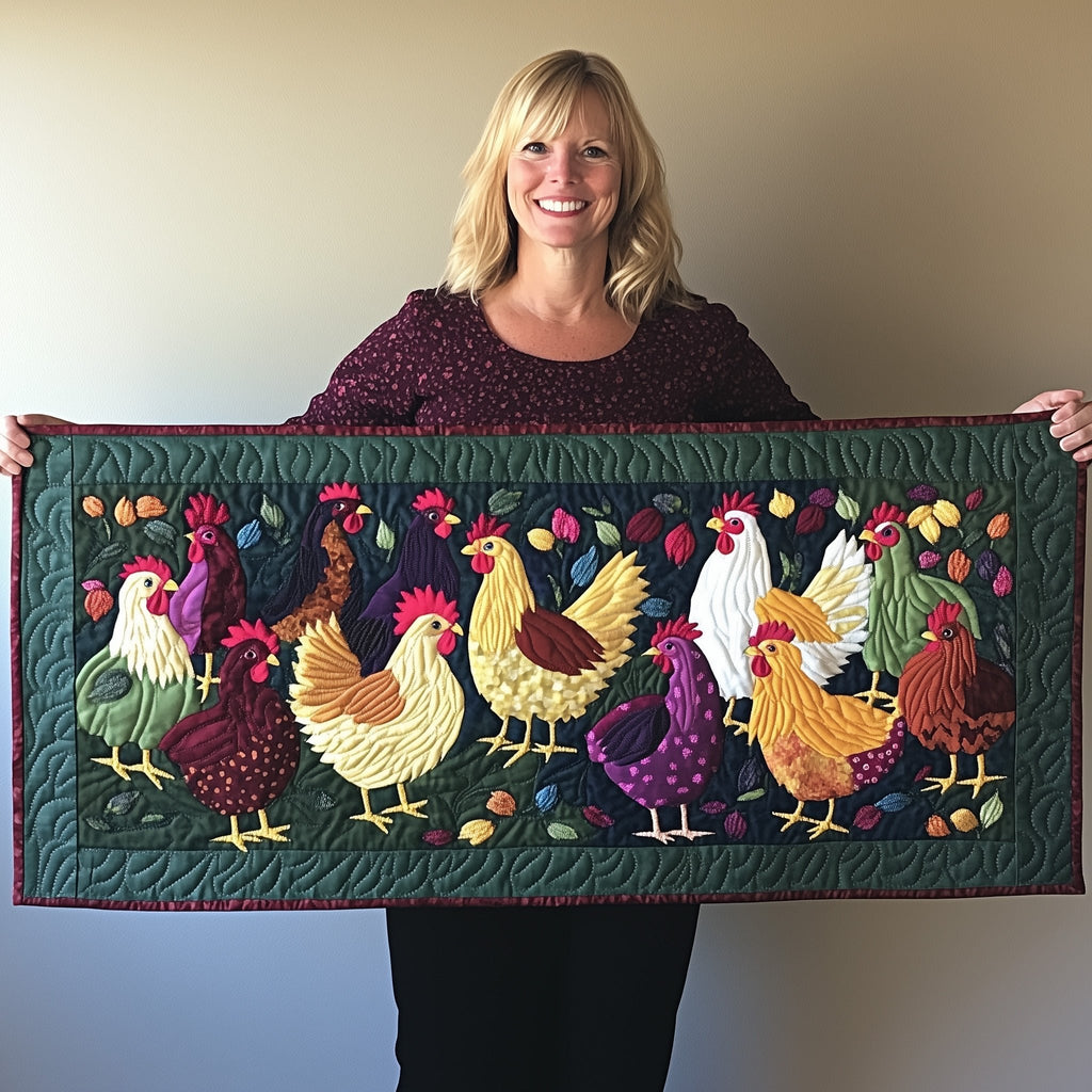 Hens and Roosters on Dark Green Table Runner