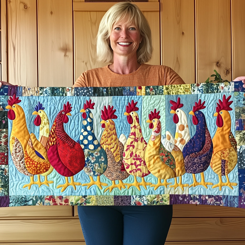 Patchwork Roosters on Pale Blue Table Runner