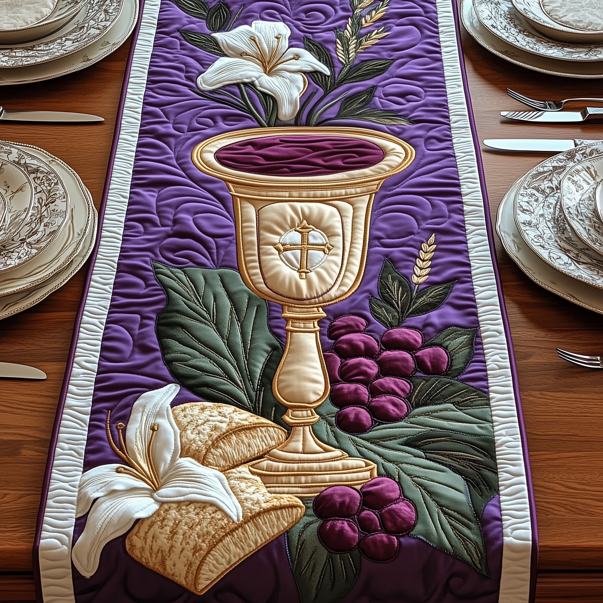 Chalice and Grapes on Purple Table Runner