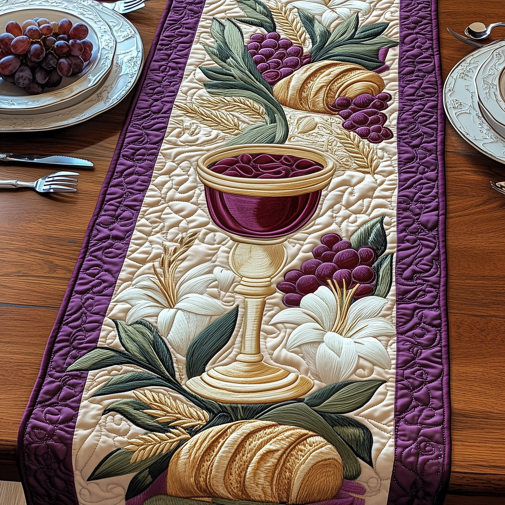 Communion Cup with Bread and Wheat Table Runner
