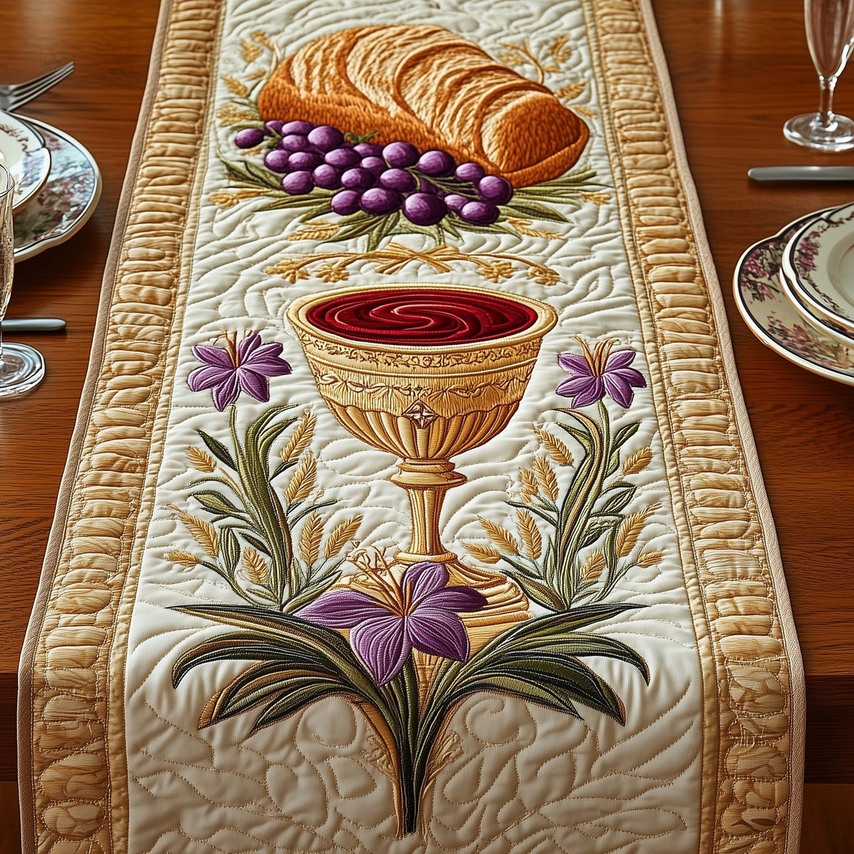 Golden Goblet with Purple Grapes Table Runner