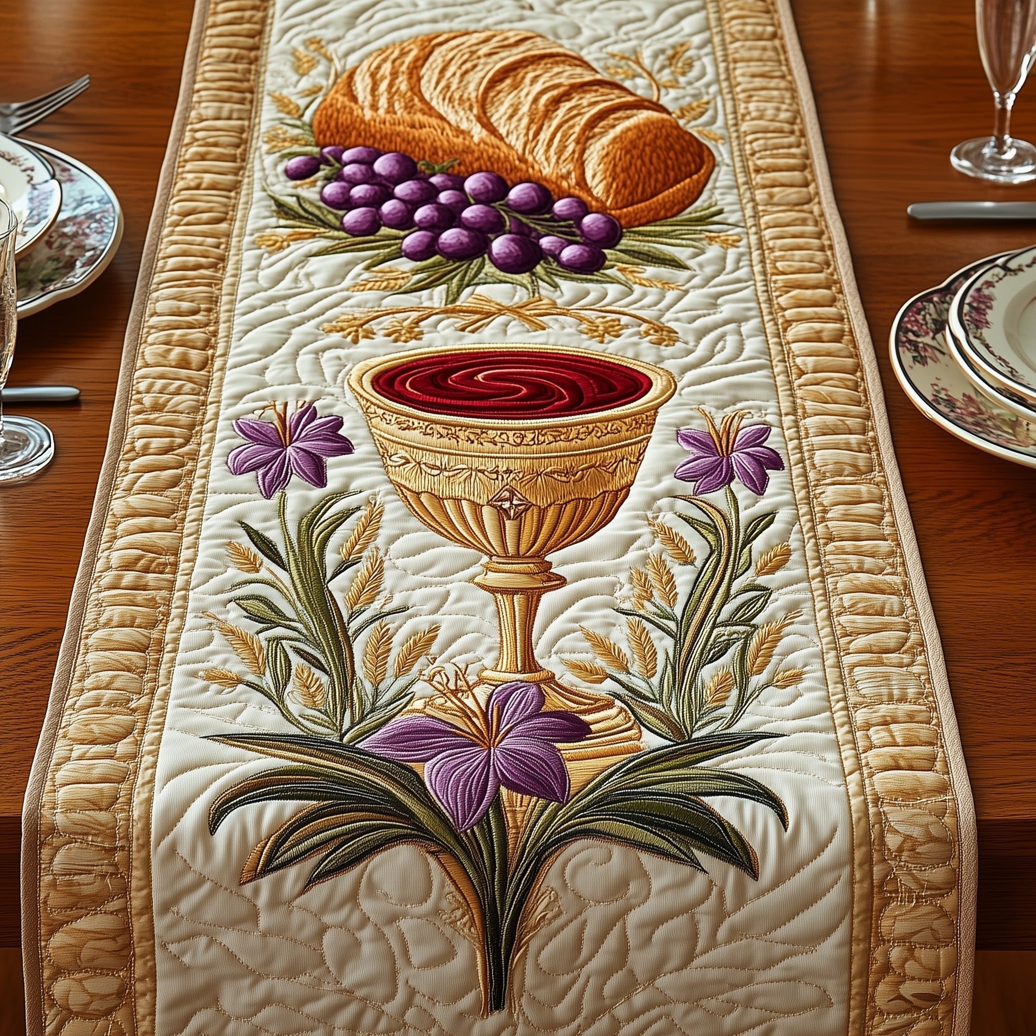 Golden Goblet with Purple Grapes Table Runner