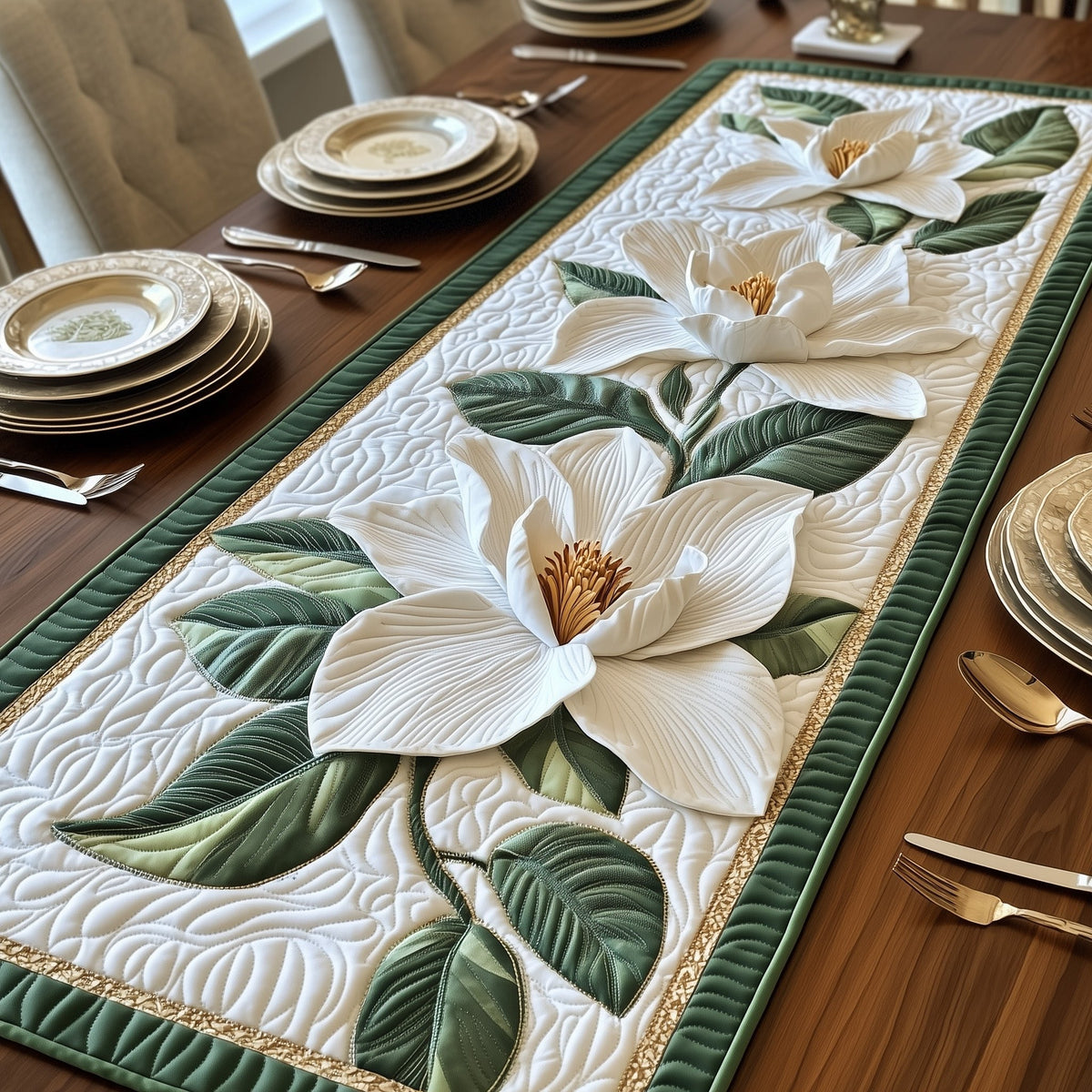 Magnolia with Green Leaf Border Table Runner