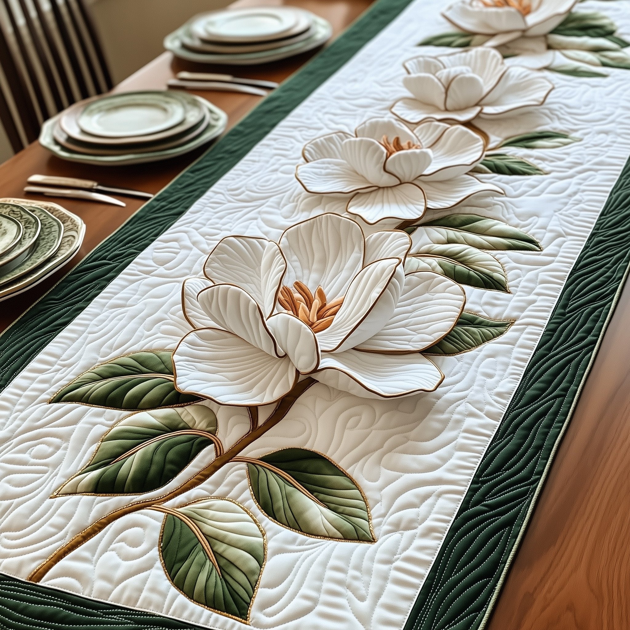 Magnolia Blossom on Dark Green Edge Table Runner