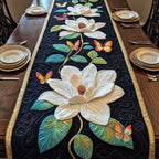 White Magnolia on Black with Butterflies Table Runner