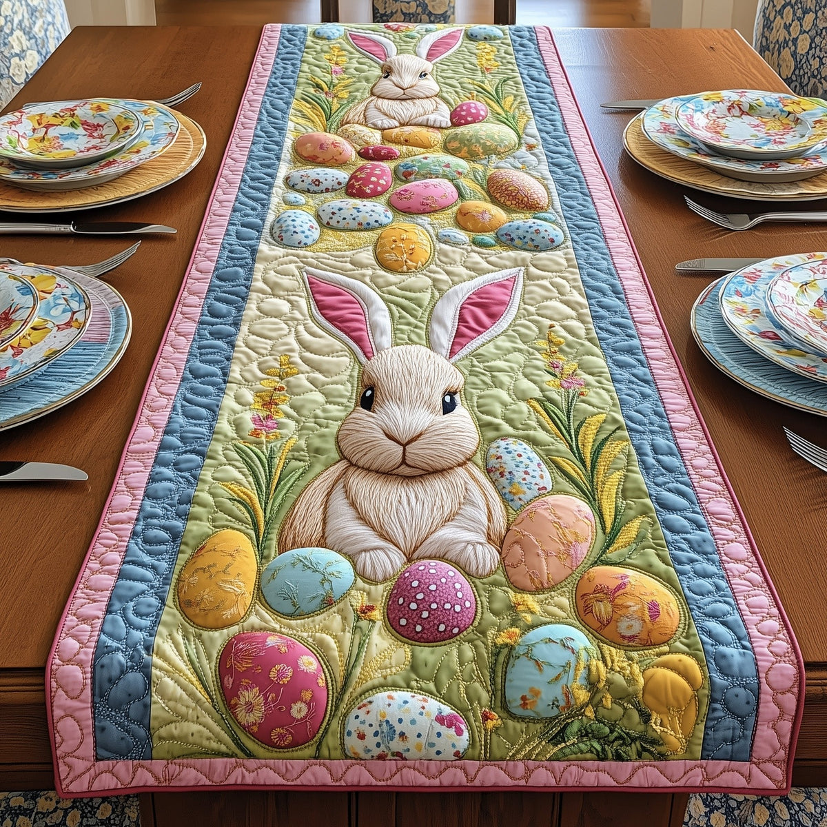 Bunny Surrounded by Colorful Eggs Table Runner