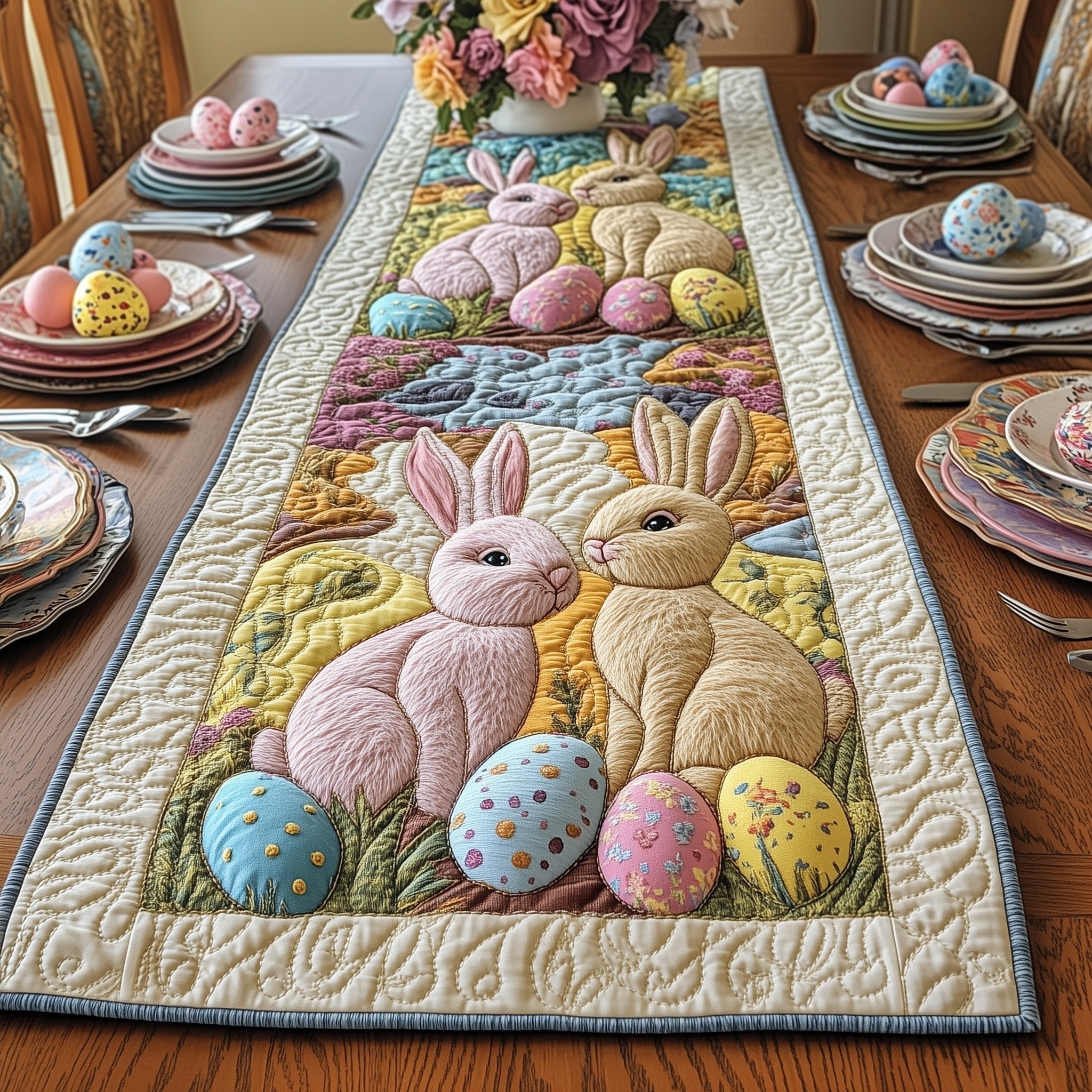 Two Pink Bunnies with Eggs Table Runner