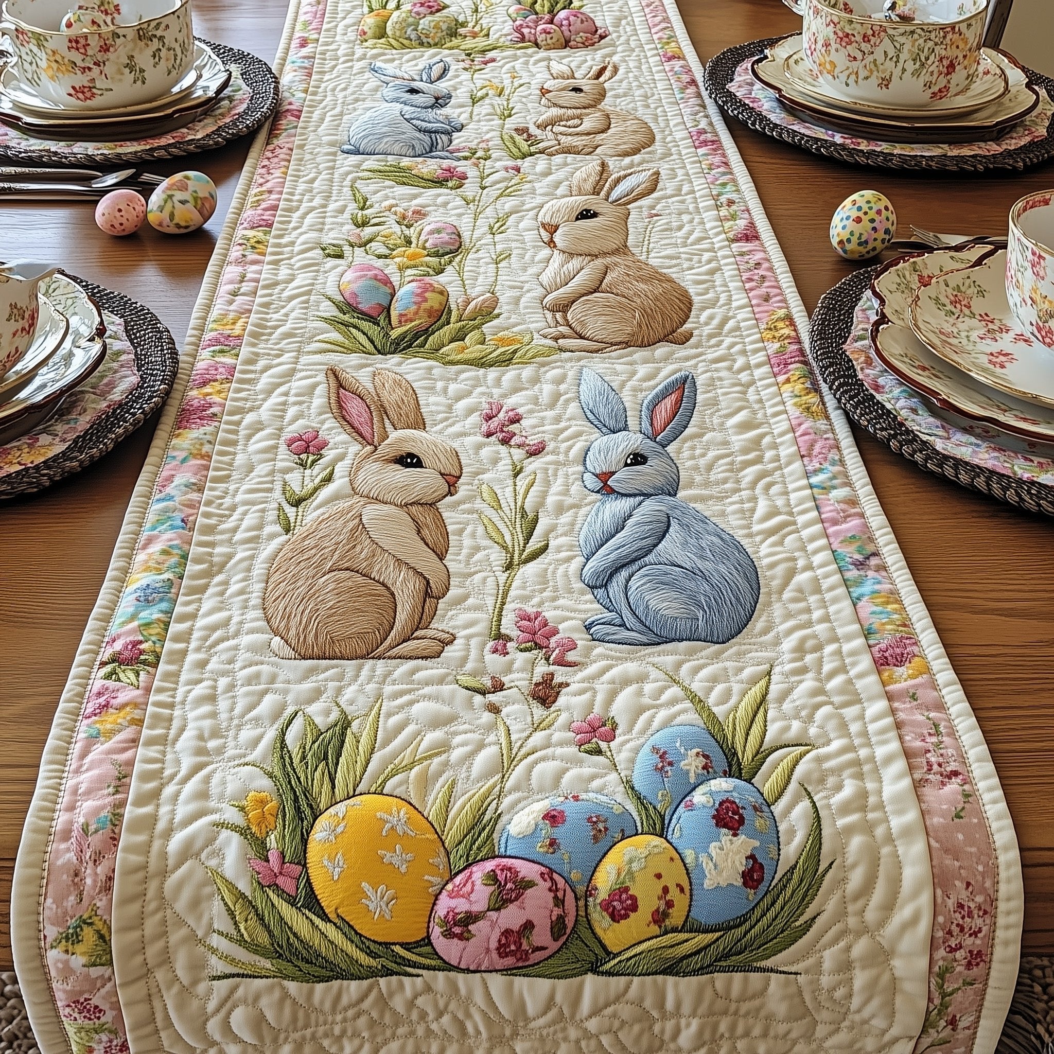 Two Bunnies with Eggs in the Grass Table Runner